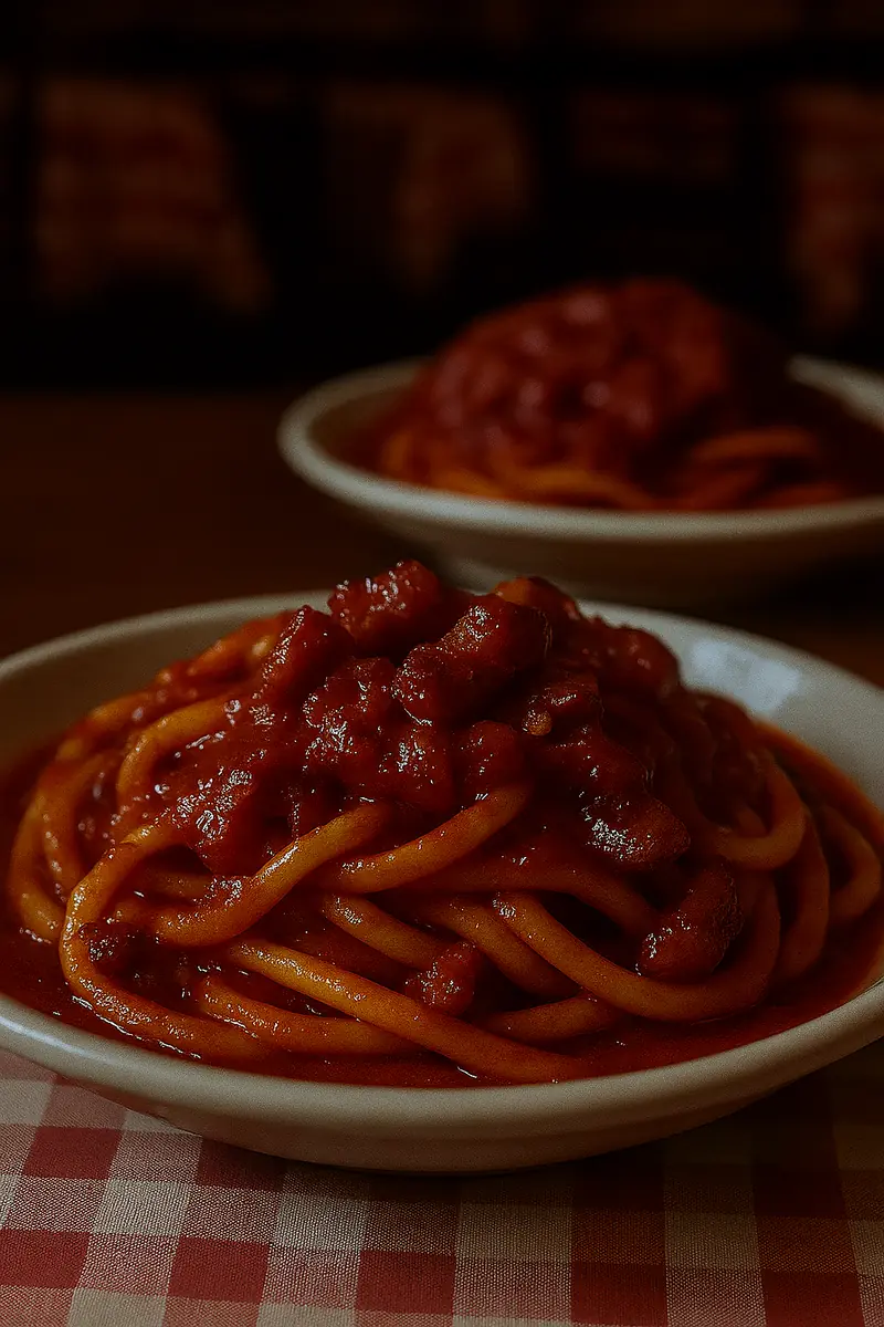 Bucatini all'amatriciana, piatto tipico della cucina romana